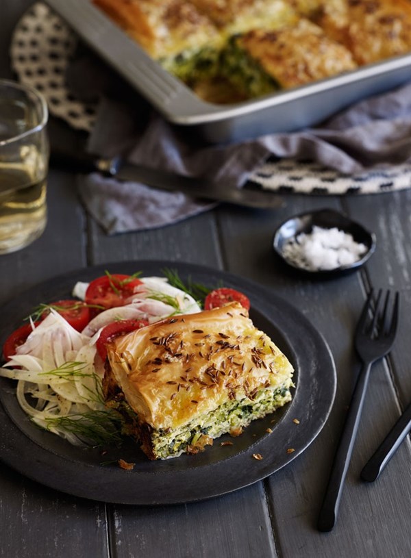 Greens, herb and cheese filo pie