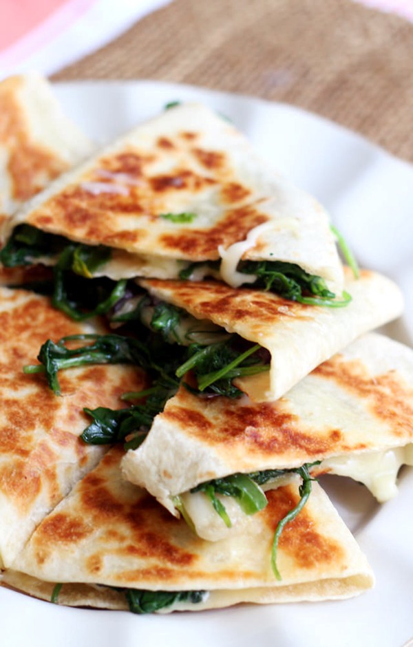 Greens, jalapeno, and Brie quesadillas