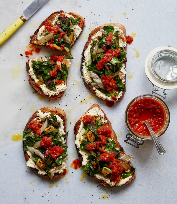 Greens on toast with late-summer tomato jam