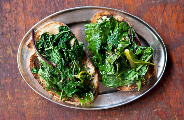 Greens on toast with roasted garlic butter