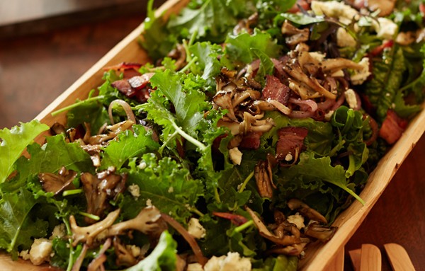Greens with bacon, mushrooms, and blue cheese