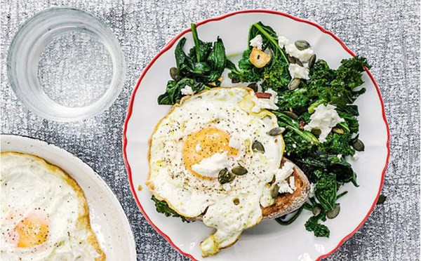 Greens with chilli, olive oil, eggs, feta & seeds