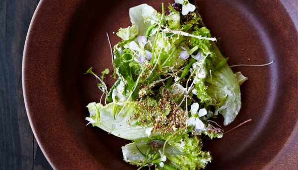 Greens with horseradish-crème fraîche dressing
