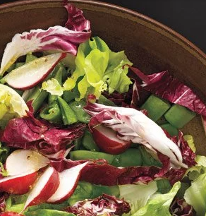 Greens with radishes and snap peas