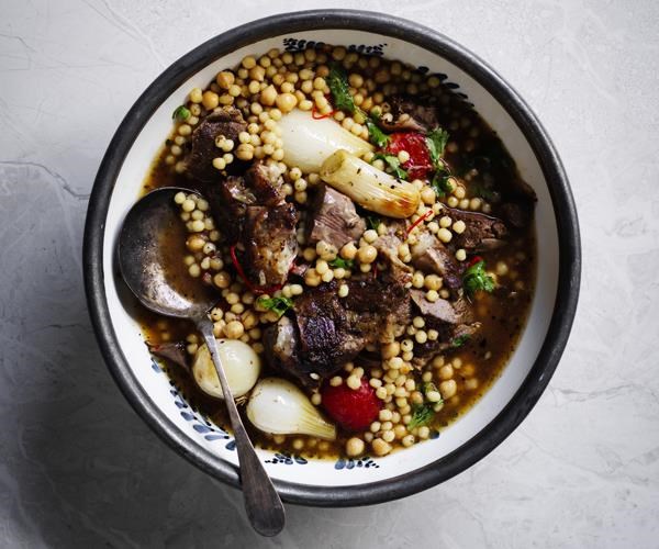 Greg Malouf's baharat lamb shoulder with onions and Moghrabieh