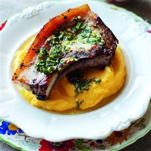 Gremolata pork chops on creamy polenta with lemon ricotta sauce