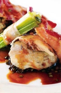 Grey-legged, local shot partridge with braised green lentils, celery and bacon bundles and fino sherry juices