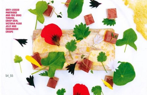 Grey-legged partridge and foie gras terrine, crisp skin, Victoria plum jelly, and sourdough crisps