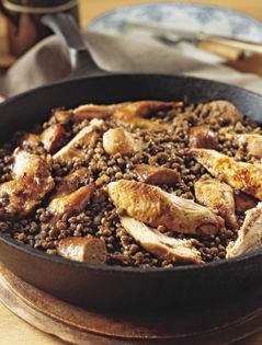Grey partridge with lentils and sausage