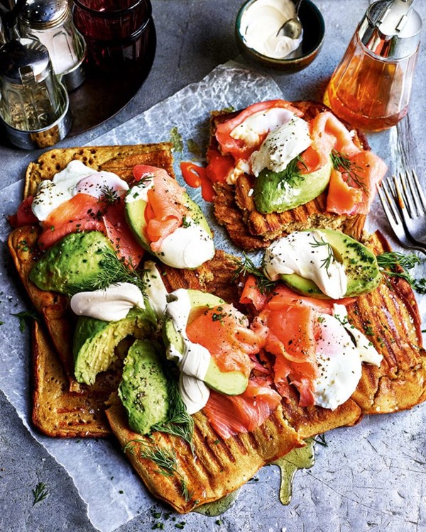 Griddle pan waffles with smoked salmon, avo and eggs