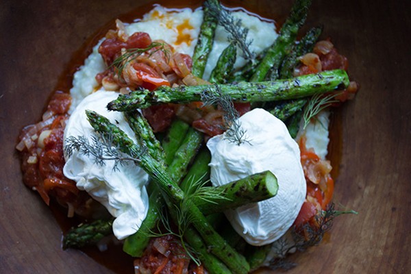 Griddled asparagus, pipérade, poached eggs, and grits