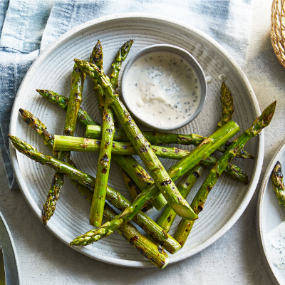 Griddled asparagus with a ranch-style dip