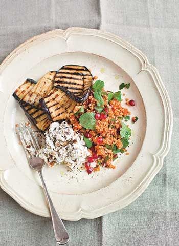 Griddled aubergines with date, walnut and yogurt salad