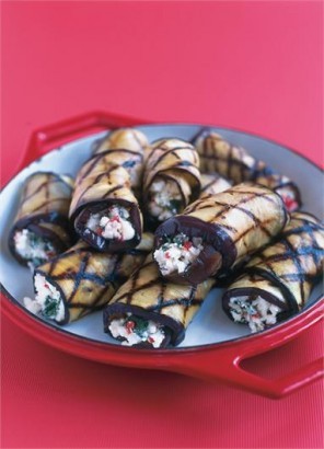 Griddled aubergines with feta, mint and chilli