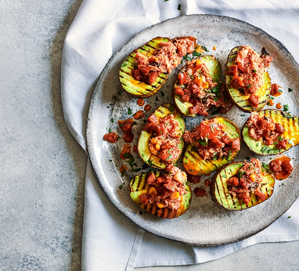 Griddled avocados with crab & chorizo