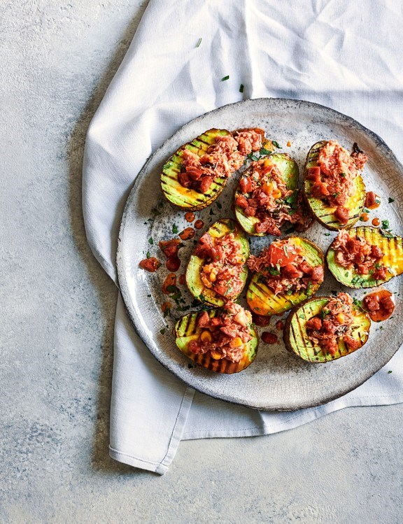Griddled avocados with crab and chorizo