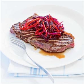 Griddled beef steaks with beetroot salad
