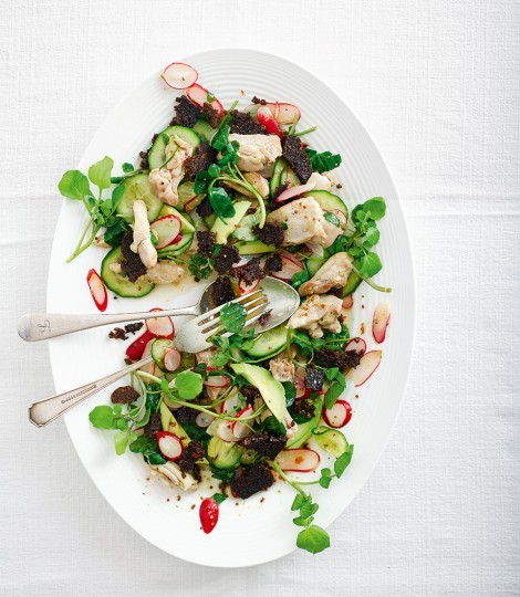 Griddled chicken, avocado and pumpernickel salad
