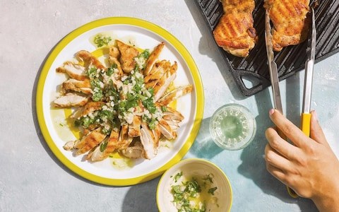 Griddled  chicken thighs with parsley  and shallot vinaigrette