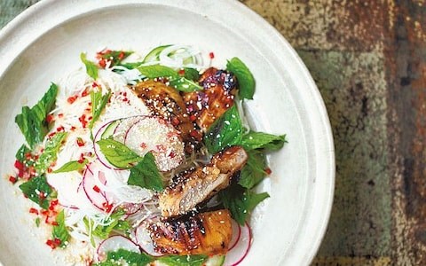 Griddled chicken thighs with radishes and noodles