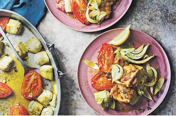 Griddled chicken with baked artichoke hearts, fennel & tomatoes