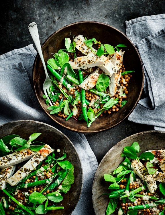 Griddled chicken with mustardy lentil salad