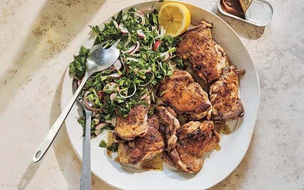 Griddled chicken with parsley, radish and anchovy salad