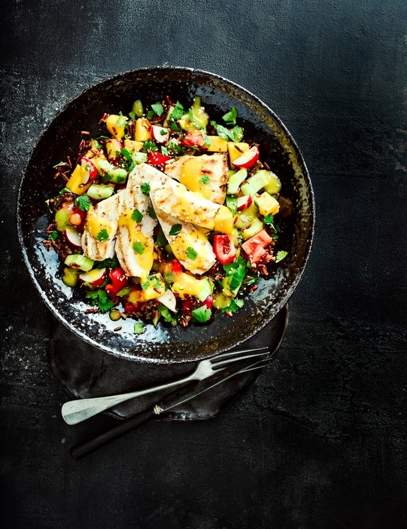 Griddled chicken with red rice salad and mango dressing