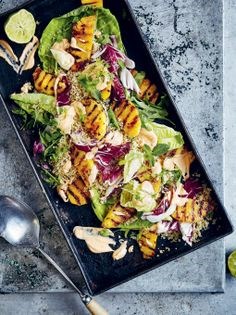 Griddled chilli pineapple, mixed greens & Marie Rose
