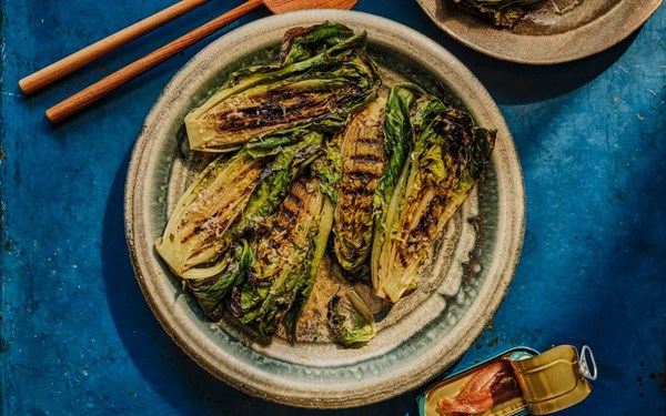 Griddled cos lettuce with lemon and anchovy butter