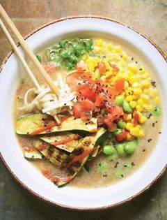 Griddled courgette and corn ramen with tahini