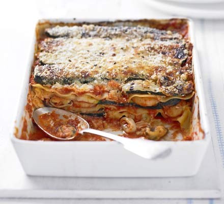 Griddled courgette and seafood lasagne