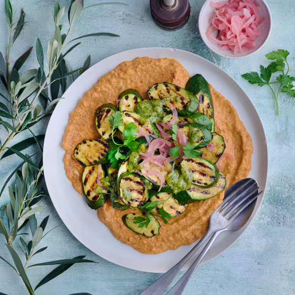 Griddled courgette and smoked aubergine salad with Scarborough pesto