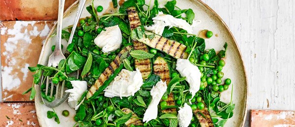 Griddled courgette, mozzarella, peas and mint salad