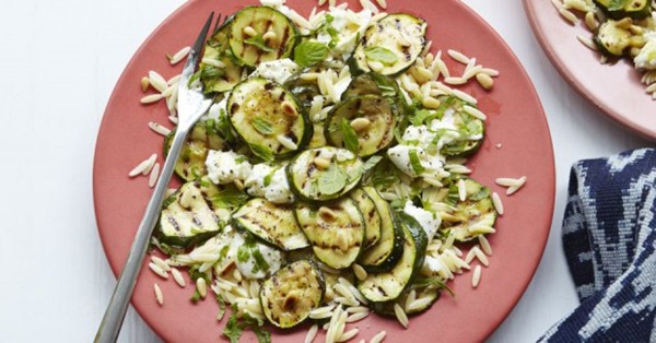 Griddled courgette, pine nut, and mozzarella salad