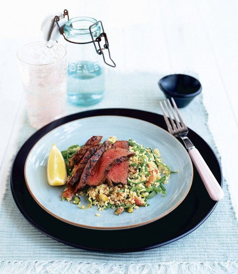 Griddled lamb with date, spinach and pistachio bulgur wheat salad