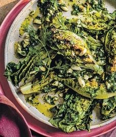 Griddled little gem, almond & herb salad