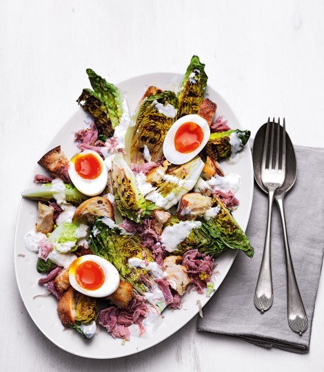 Griddled little gem and ham hock Caesar salad