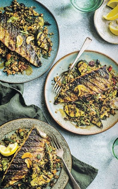 Griddled mackerel with herby courgette, grain & toasted seed salad