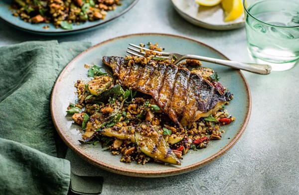 Griddled mackerel with herby courgette, grain & toasted seed salad