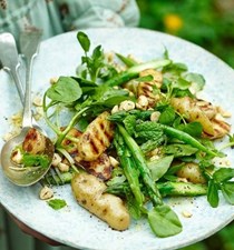 Griddled new potatoes with asparagus and hazelnuts
