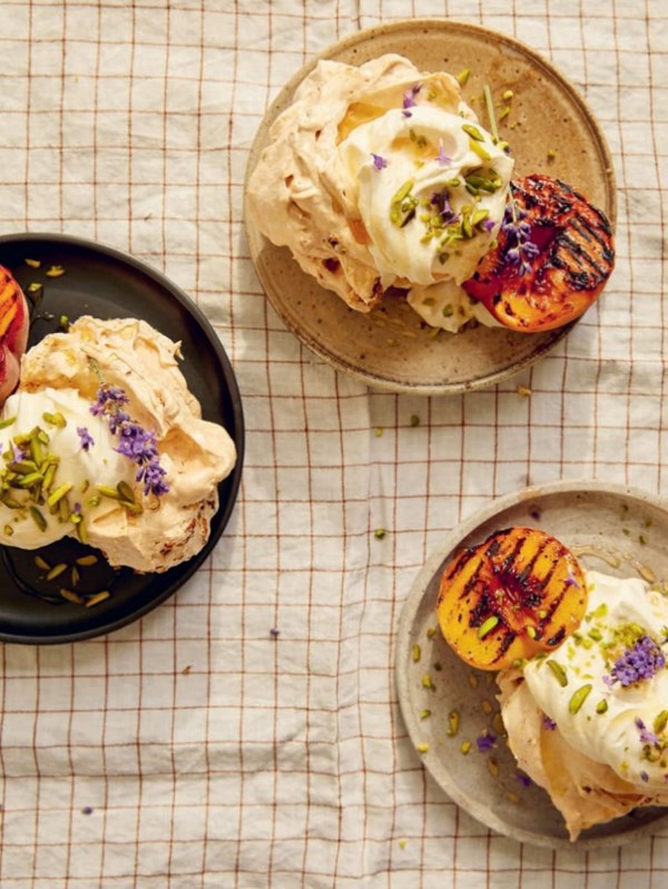 Griddled peach and pistachio Pavlova with lavender honey