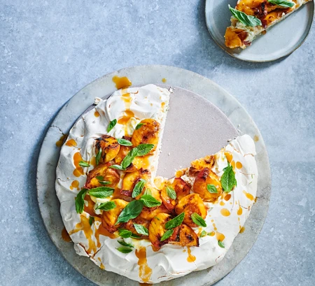 Griddled peach Pavlova with mascarpone cream