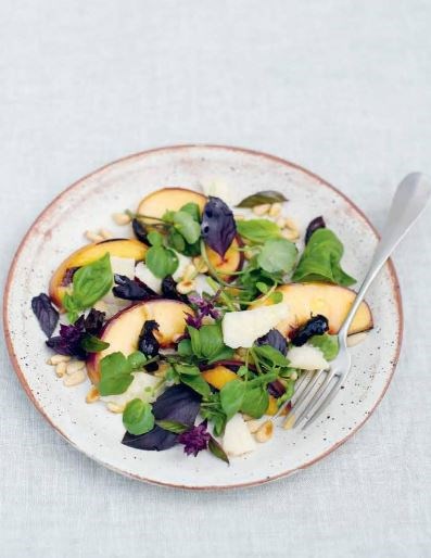 Griddled peaches, basil, watercress, Parmesan and pine nuts