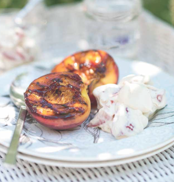 Griddled peaches with Pimm's and strawberry cream