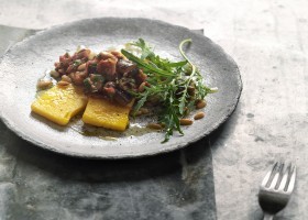 Griddled polenta with spicy sweet and sour aubergine