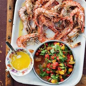 Griddled prawns with garlic butter and scissor salsa