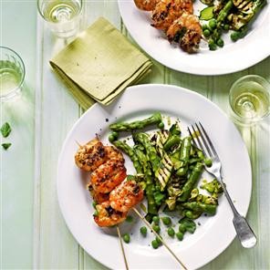 Griddled prawns with warm spring salad