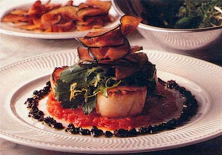 Griddled scallops with crispy aubergines
