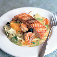 Griddled seafood with fennel and orange salad